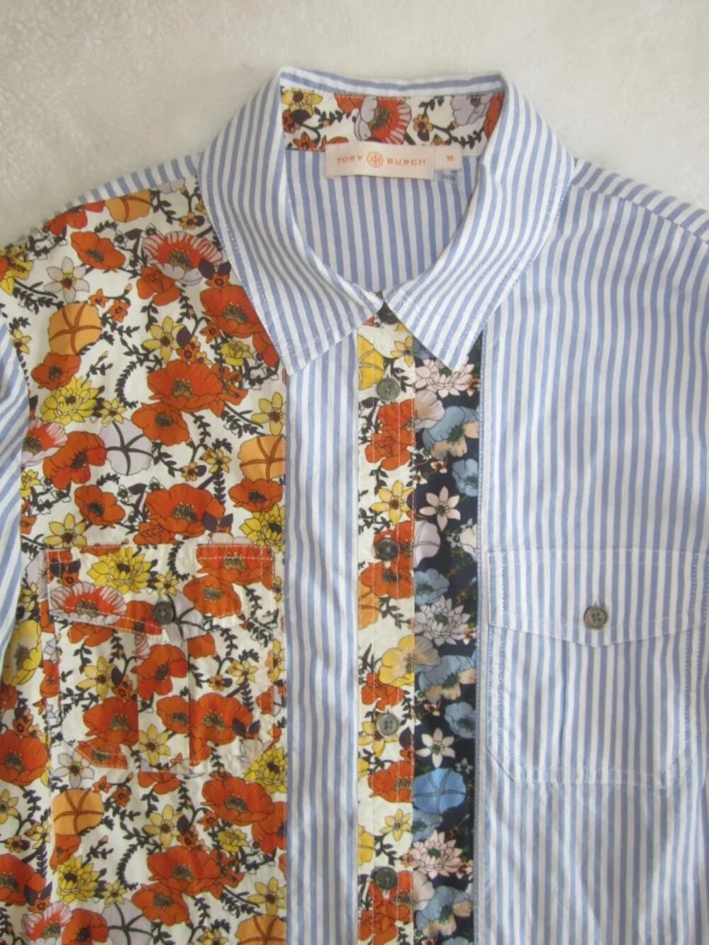 TORY BURCH Striped Button Up Shirt Floral Front Panel Women's 10